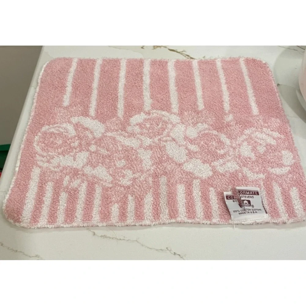 Vtg Colormate Stevens 3 Piece Towel Set Pink White Rose Stripe Bath‎ Hand Wash